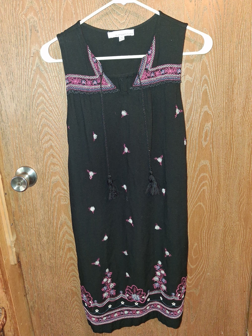 Black Sleeveless Embroidered Shift Dress with Pink Accents